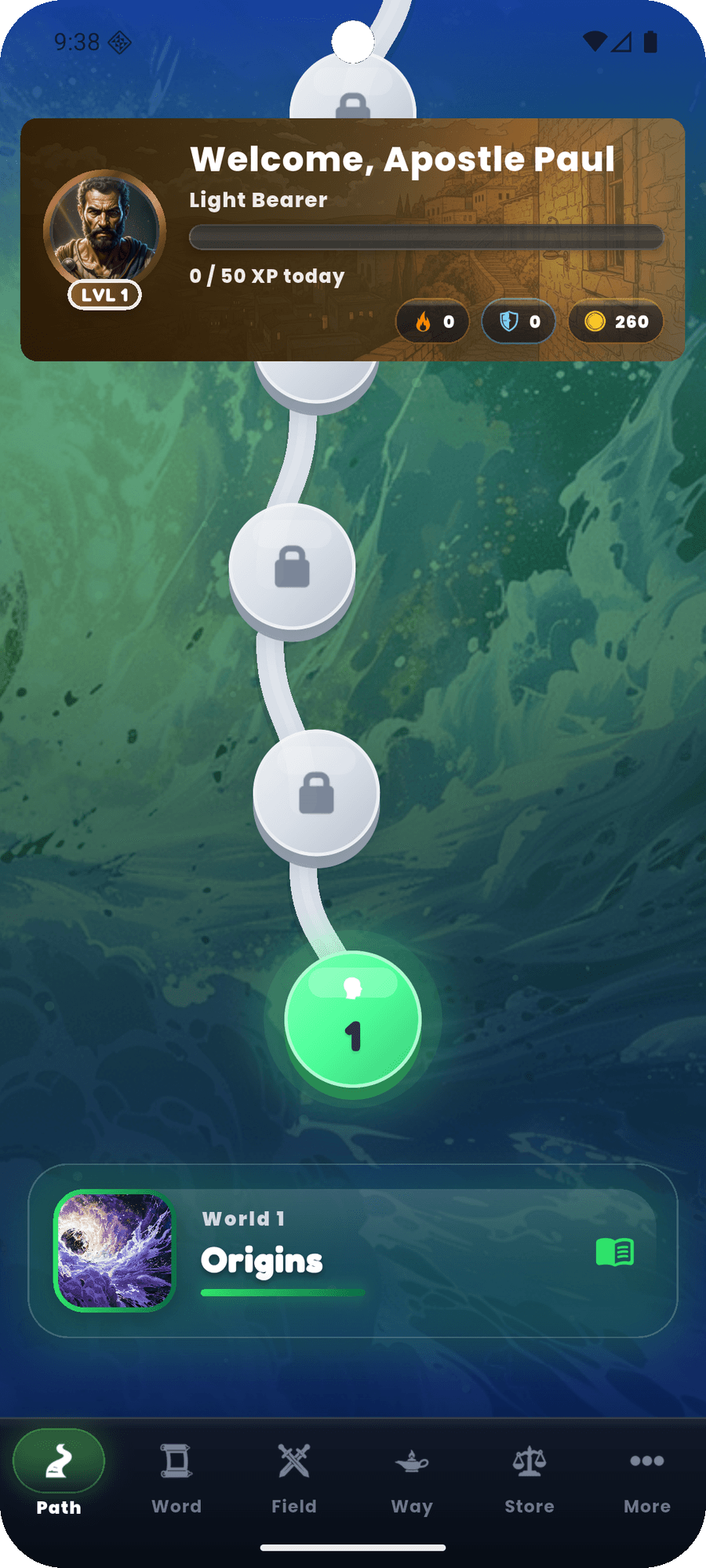 NarroWay Path — World 1 Origins on a phone